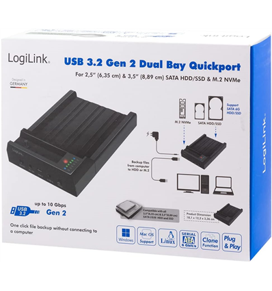HDD Dockingstation LogiLink Quickport USB 3.2 Gen 2 2-Port für SATA HDD/SSD und M.2 NVMe SSD QP0031